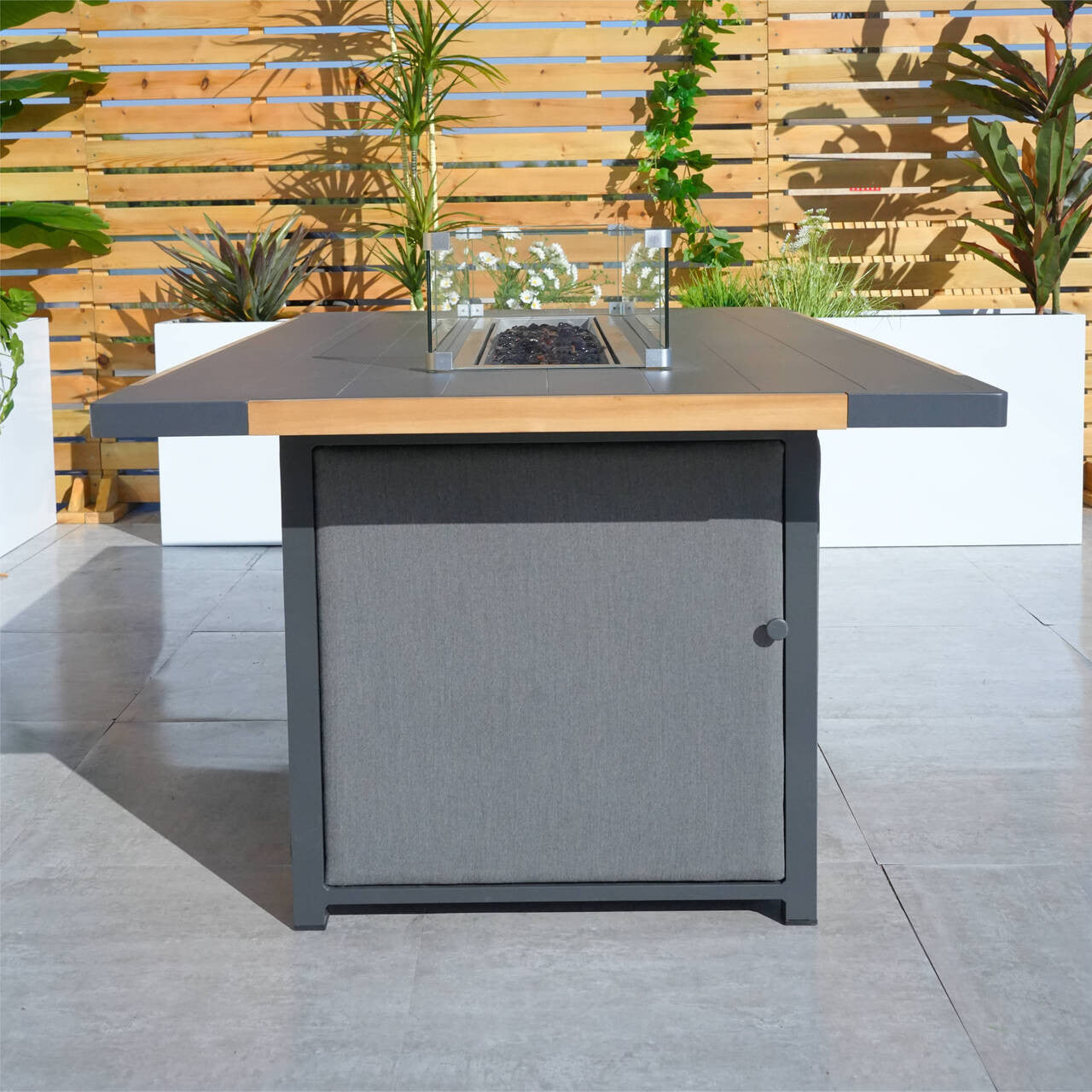 High grade powder paint teak inlaid stove table for indoor and outdoor use