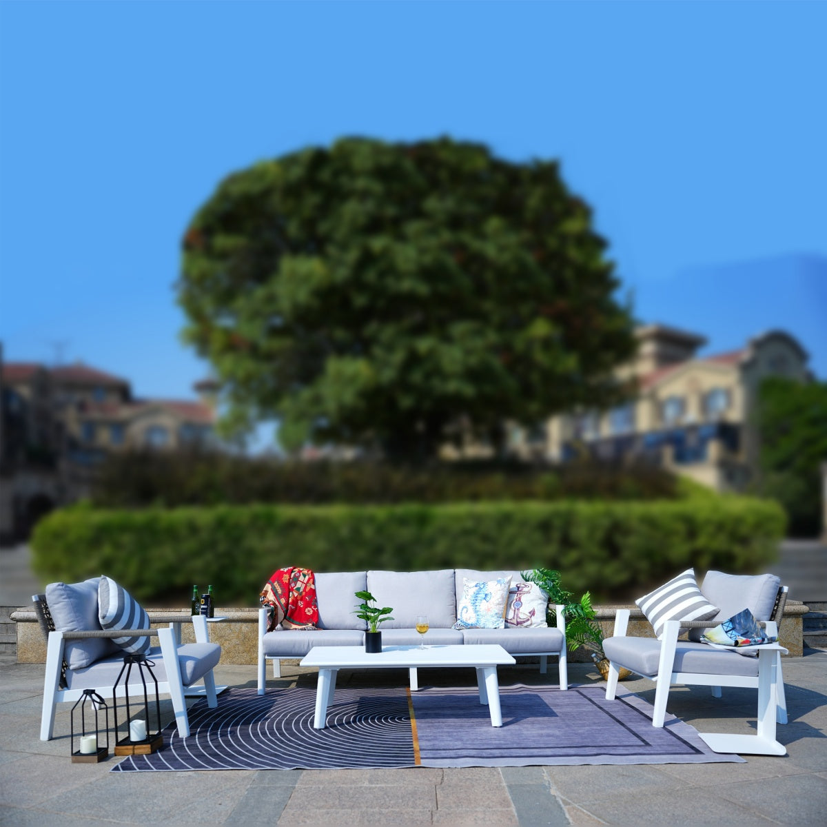 White Aluminum Outdoor Sofa Set with Rope Woven Accents – 5-Piece Modern Patio Conversation Set