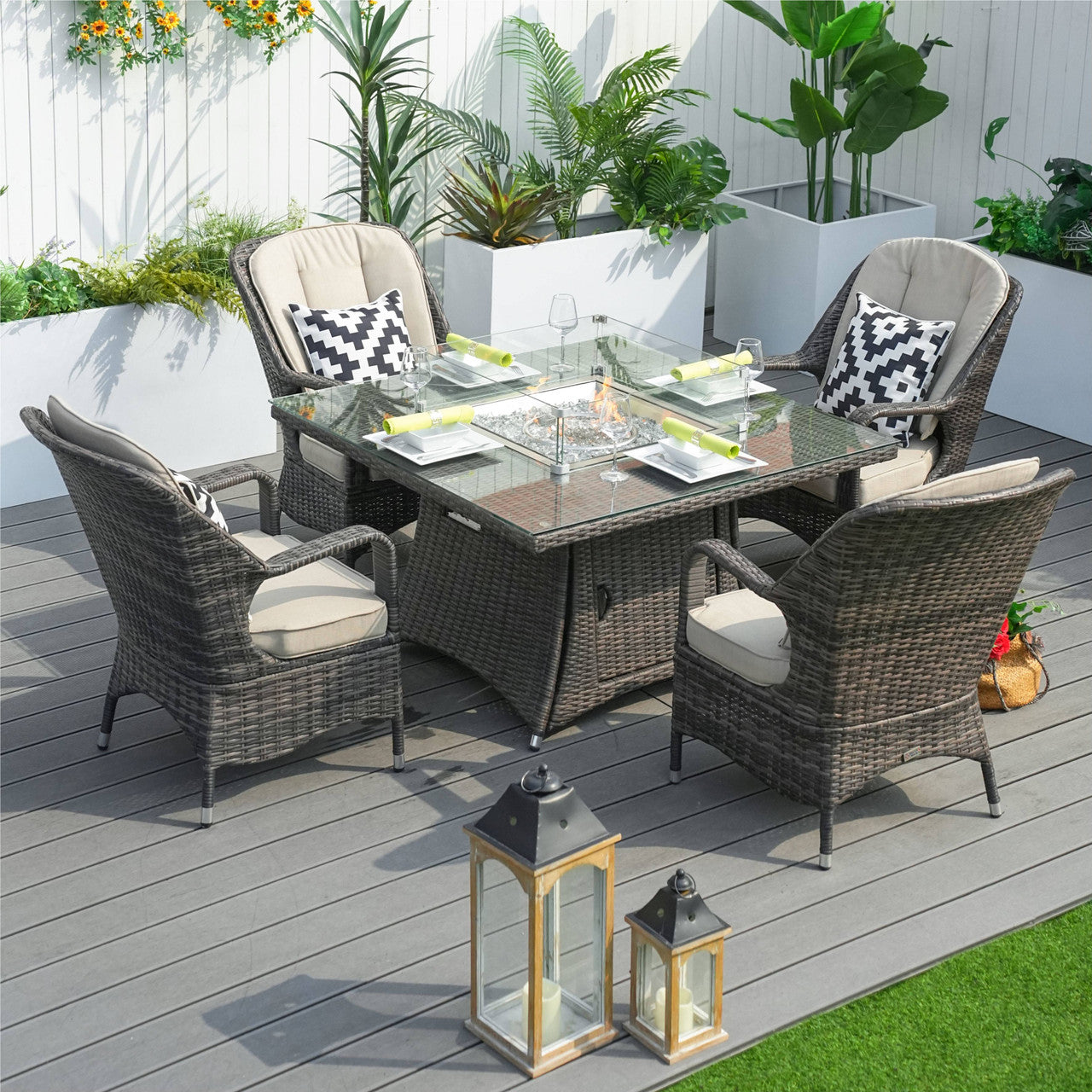 4-Seater Outdoor Fire Pit Set - Parma Chairs with Cube Fire Pit Table