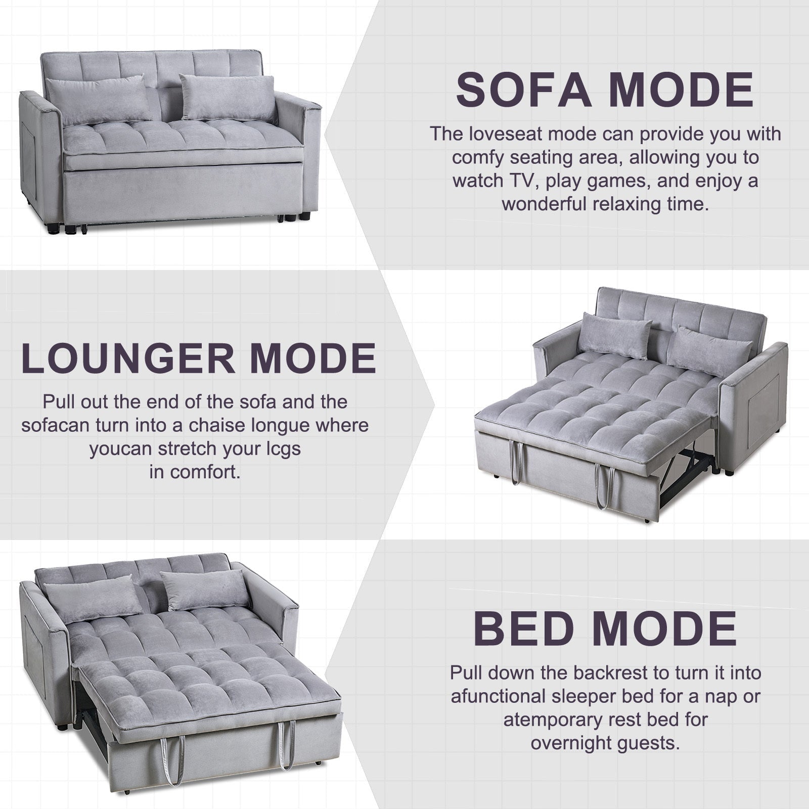 3 in 1 Convertible Sleeper Sofa Bed, Modern Pull Out Couch Bed (W2121P179225) - Direct Wicker