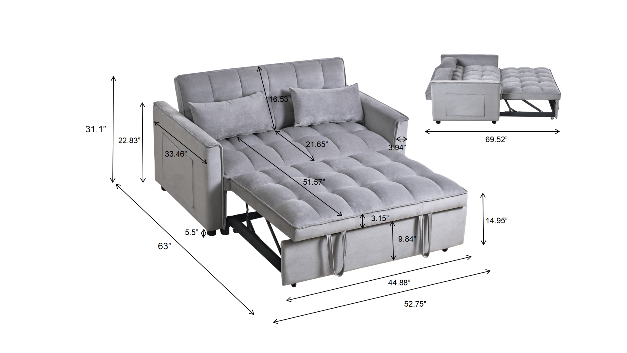 3 in 1 Convertible Sleeper Sofa Bed, Modern Pull Out Couch Bed (W2121P179225) - Direct Wicker