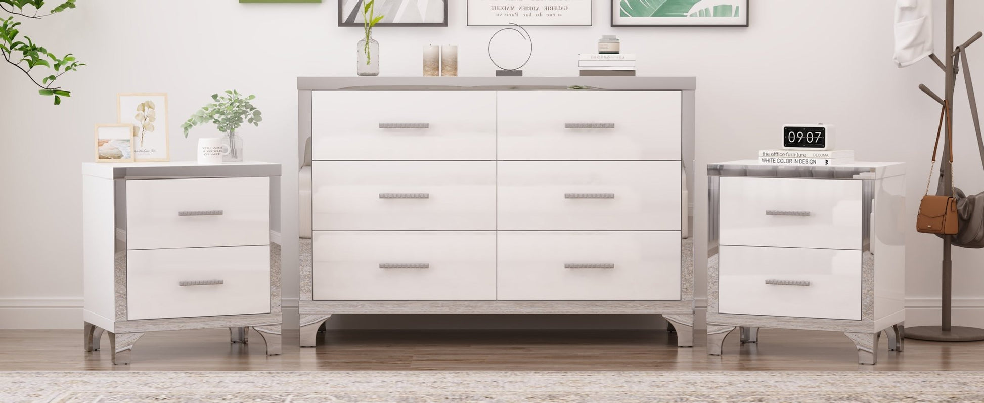 3 - Piece Set, Dresser and Two Nightstands with Metal Handles and Mirror Decoration - Direct Wicker