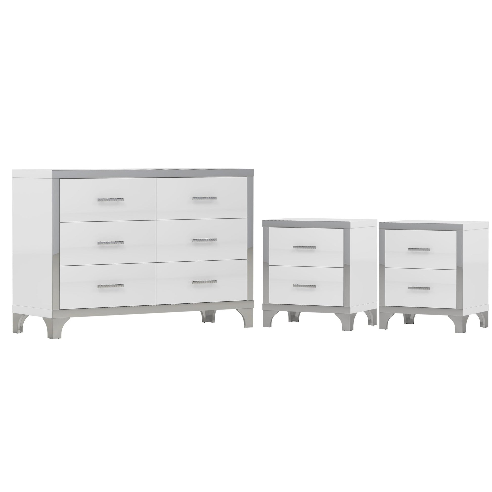 3 - Piece Set, Dresser and Two Nightstands with Metal Handles and Mirror Decoration - Direct Wicker