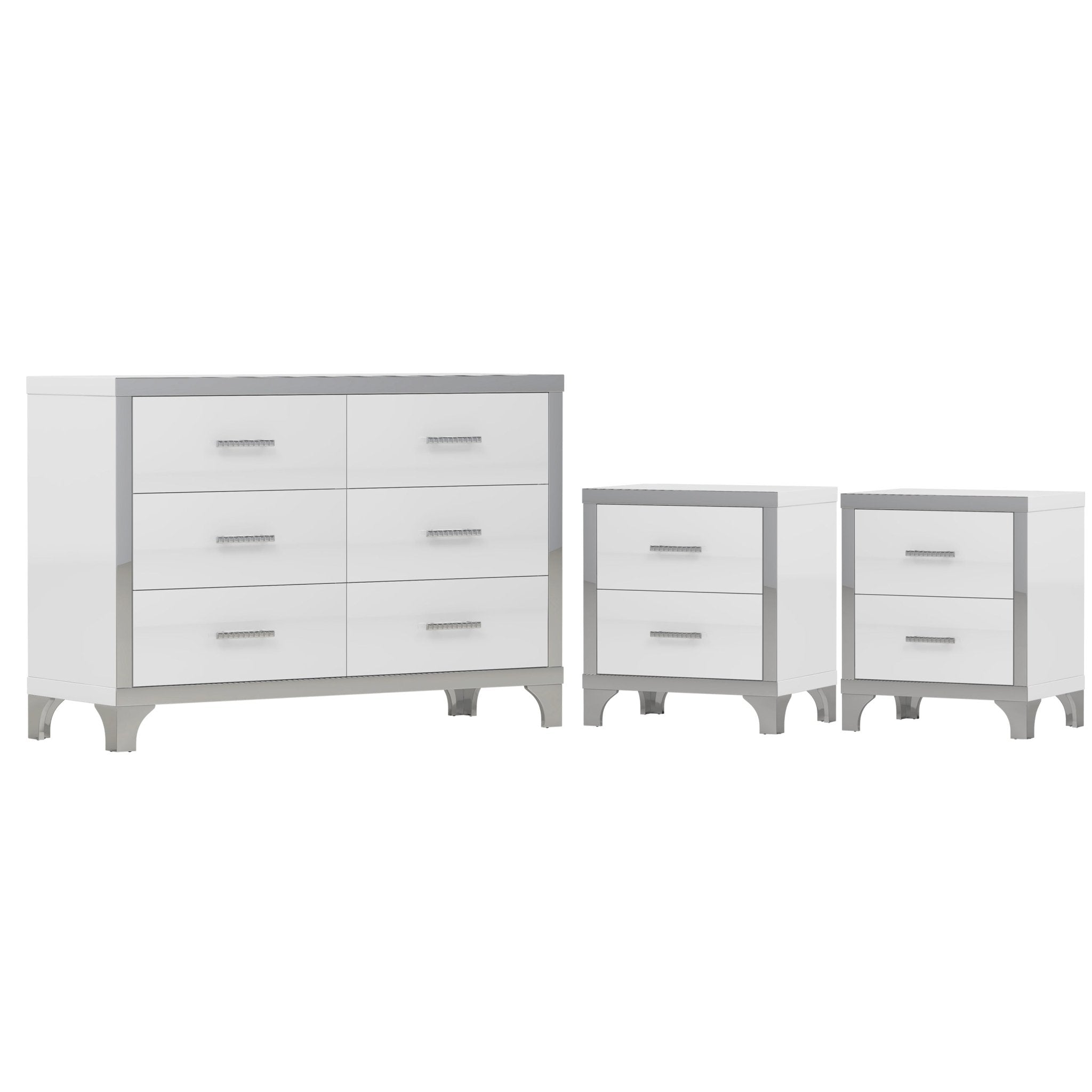 3 - Piece Set, Dresser and Two Nightstands with Metal Handles and Mirror Decoration - Direct Wicker