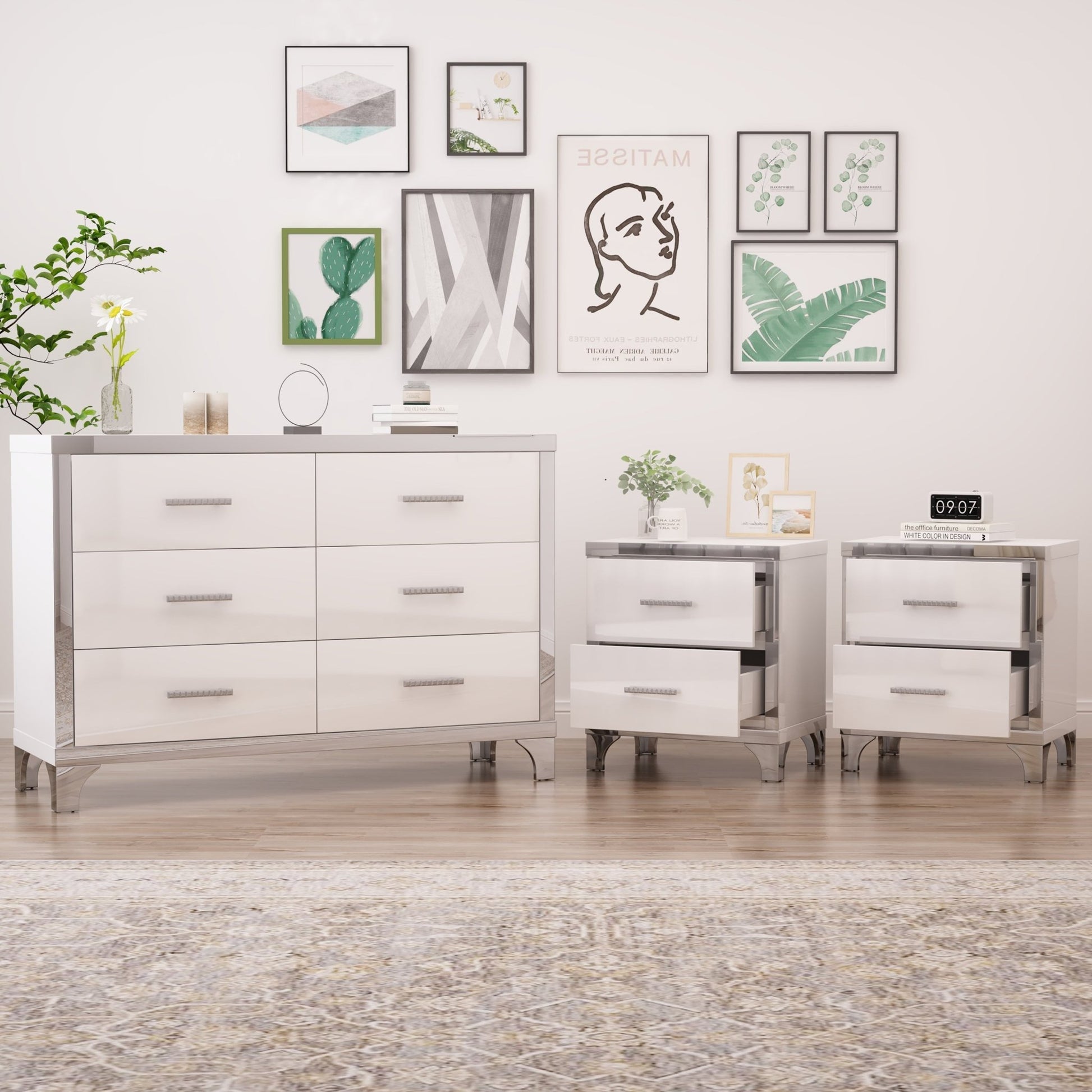 3 - Piece Set, Dresser and Two Nightstands with Metal Handles and Mirror Decoration - Direct Wicker