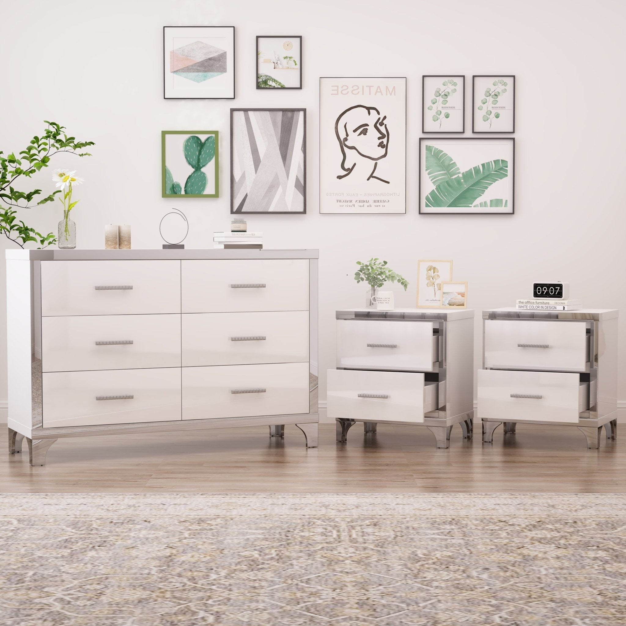 3 - Piece Set, Dresser and Two Nightstands with Metal Handles and Mirror Decoration - Direct Wicker