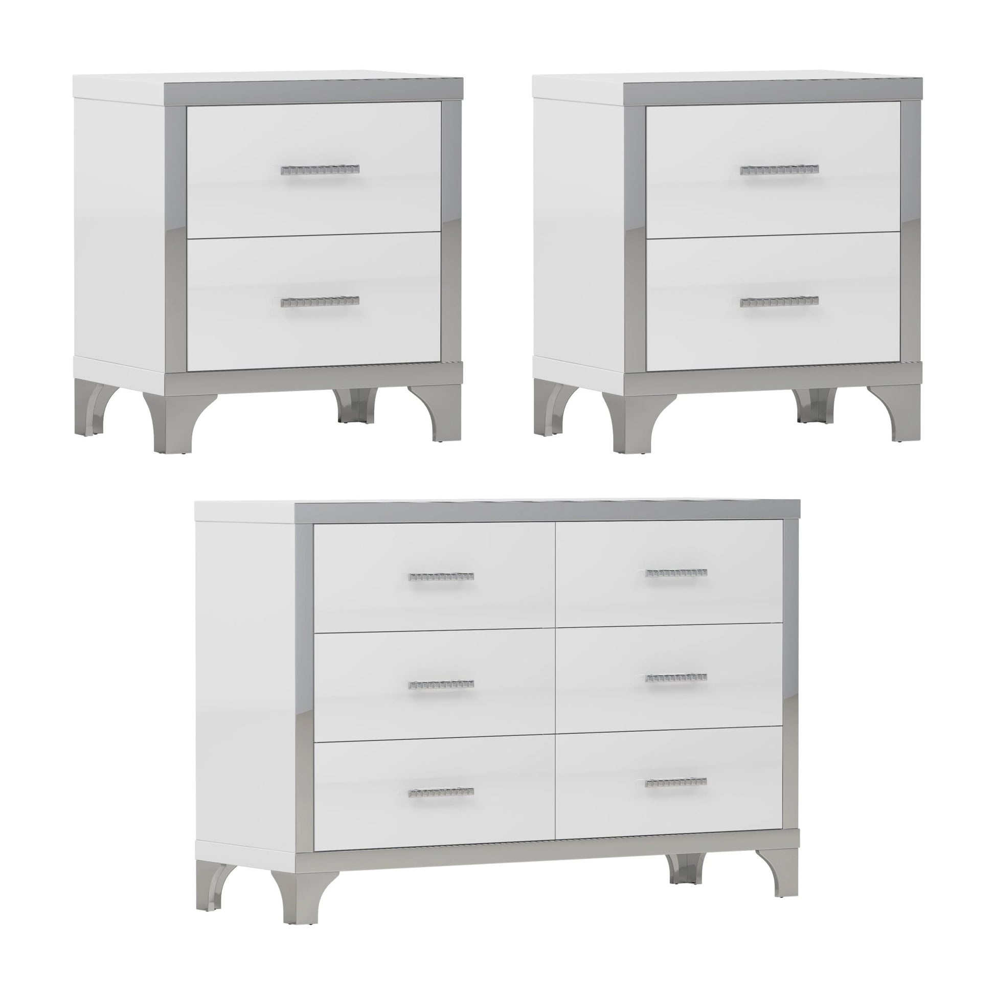 3 - Piece Set, Dresser and Two Nightstands with Metal Handles and Mirror Decoration - Direct Wicker