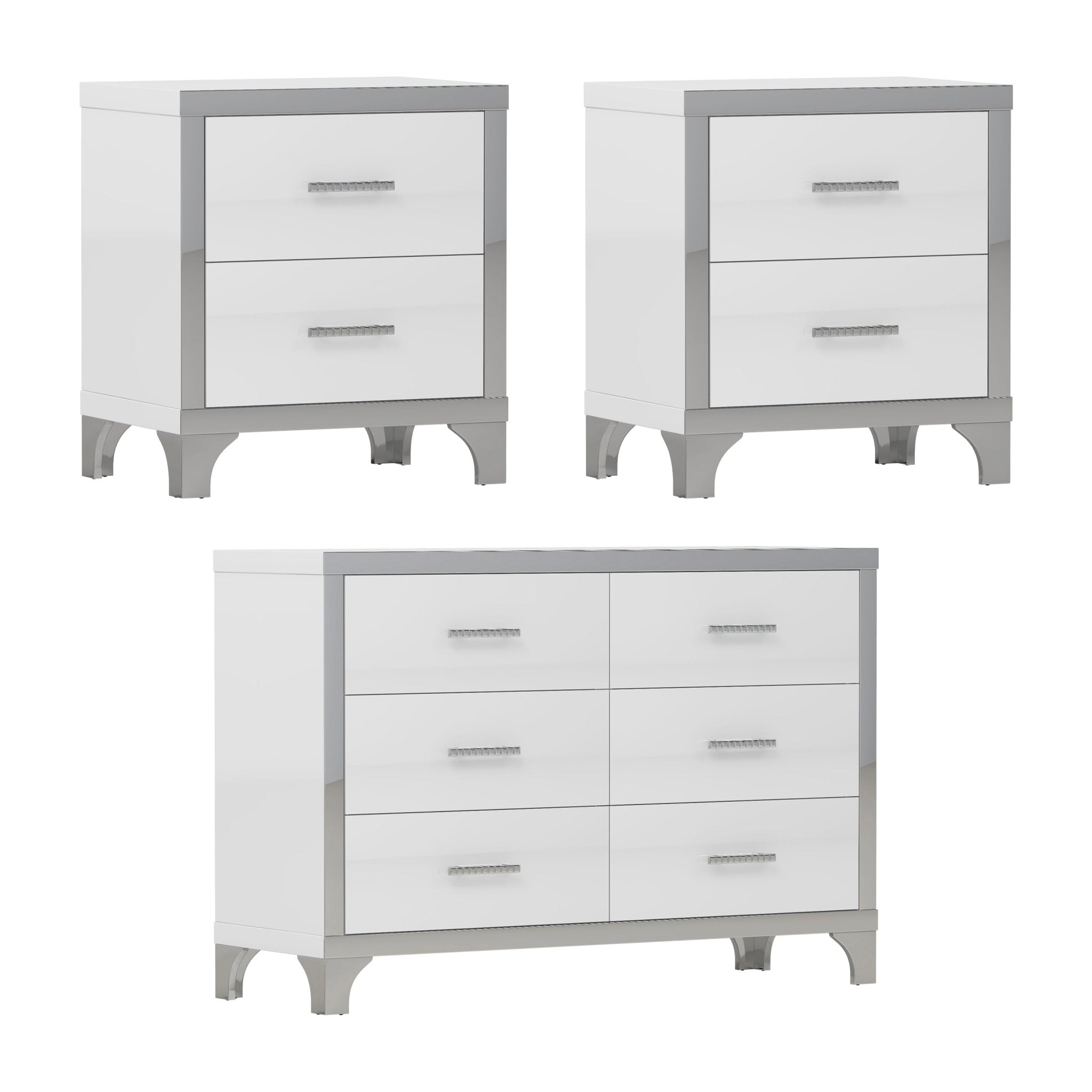 3 - Piece Set, Dresser and Two Nightstands with Metal Handles and Mirror Decoration - Direct Wicker