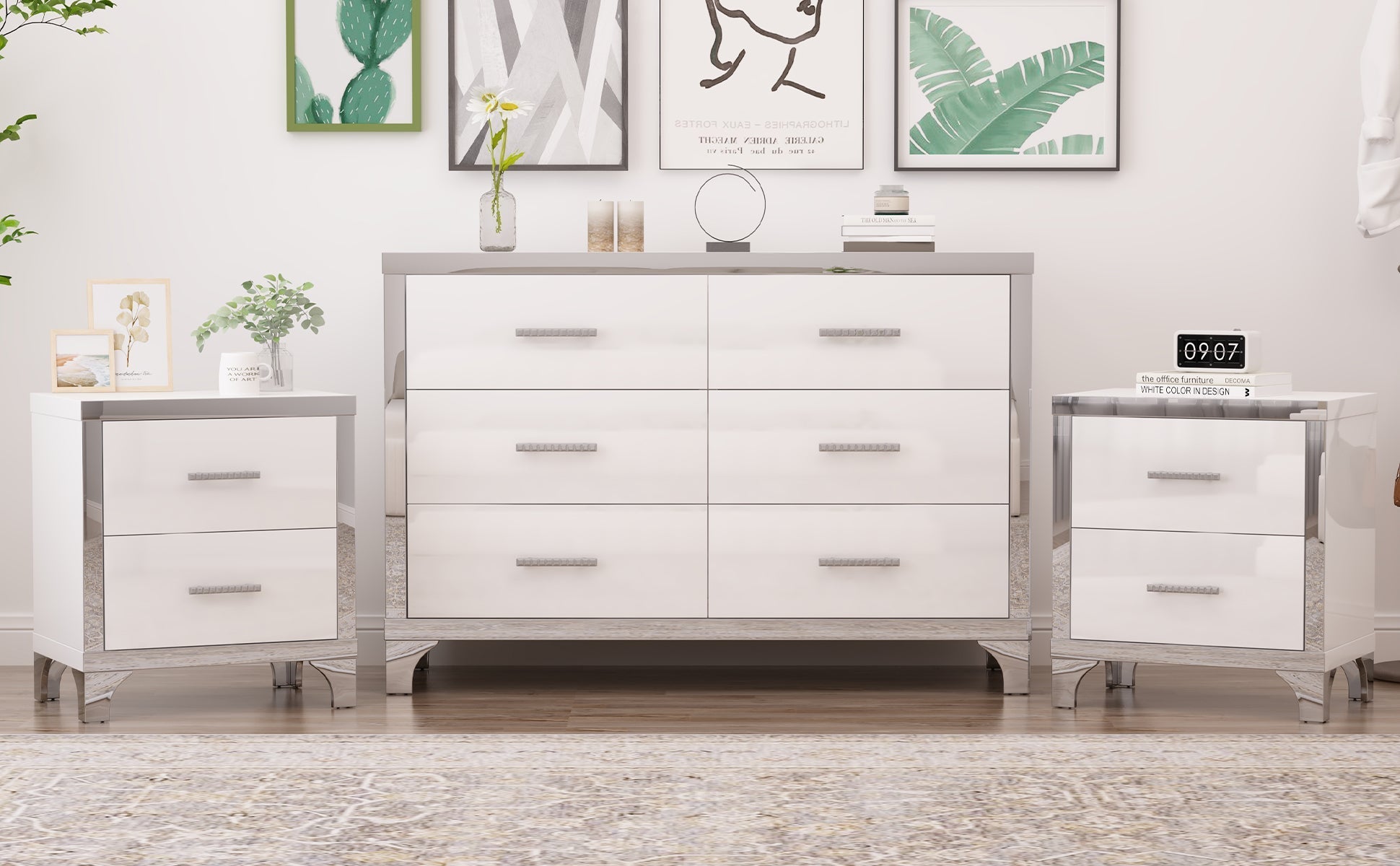 3 - Piece Set, Dresser and Two Nightstands with Metal Handles and Mirror Decoration - Direct Wicker