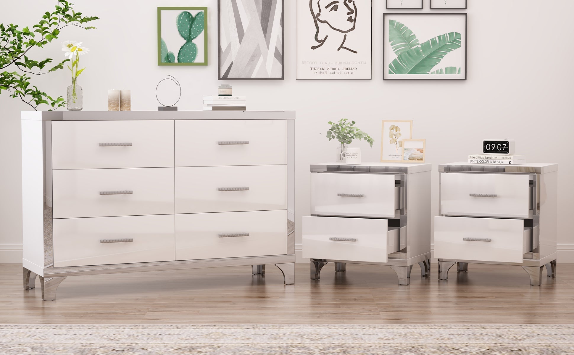 3 - Piece Set, Dresser and Two Nightstands with Metal Handles and Mirror Decoration - Direct Wicker