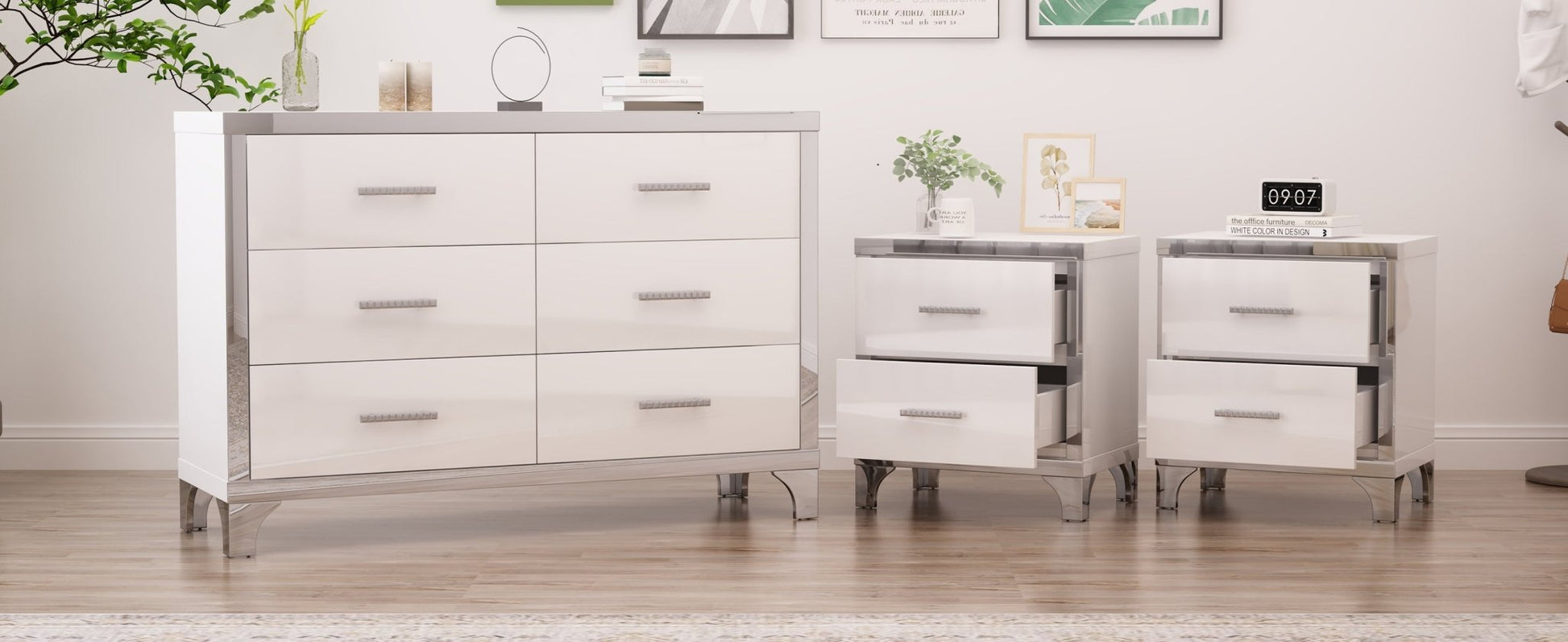 3 - Piece Set, Dresser and Two Nightstands with Metal Handles and Mirror Decoration - Direct Wicker