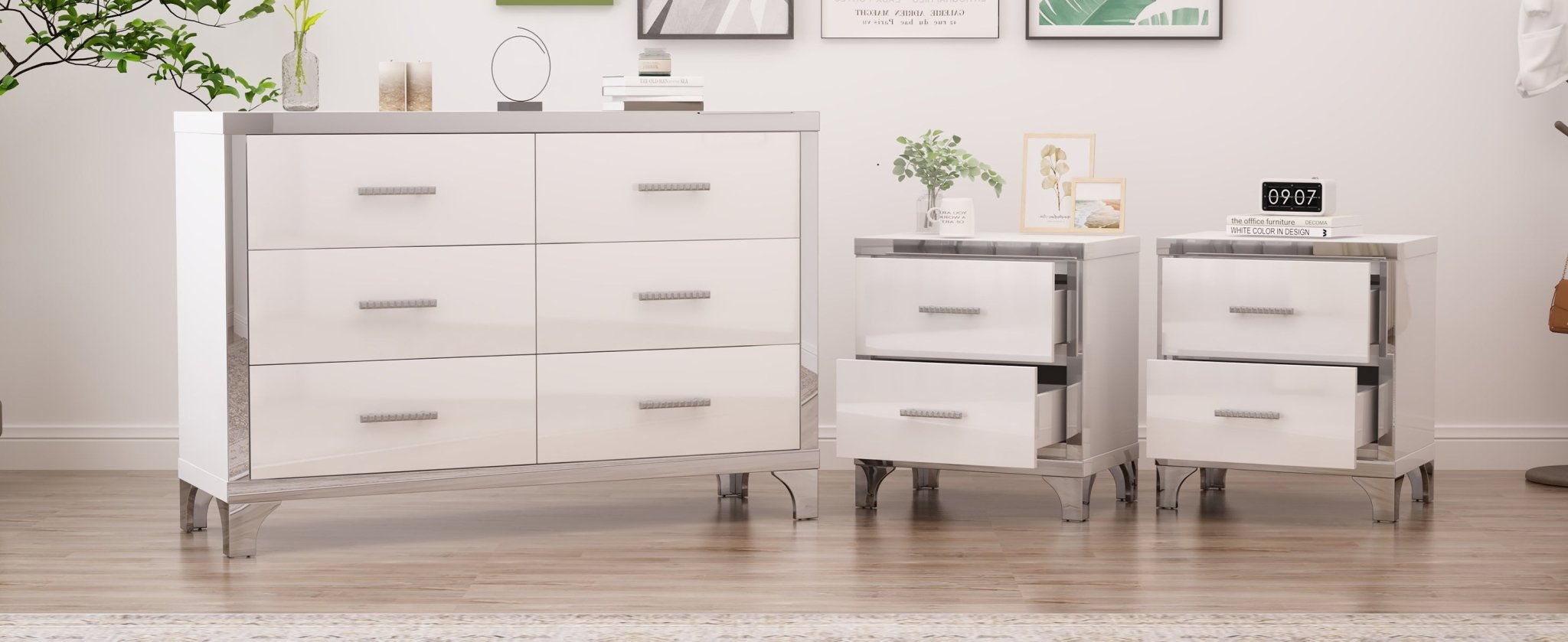 3 - Piece Set, Dresser and Two Nightstands with Metal Handles and Mirror Decoration - Direct Wicker