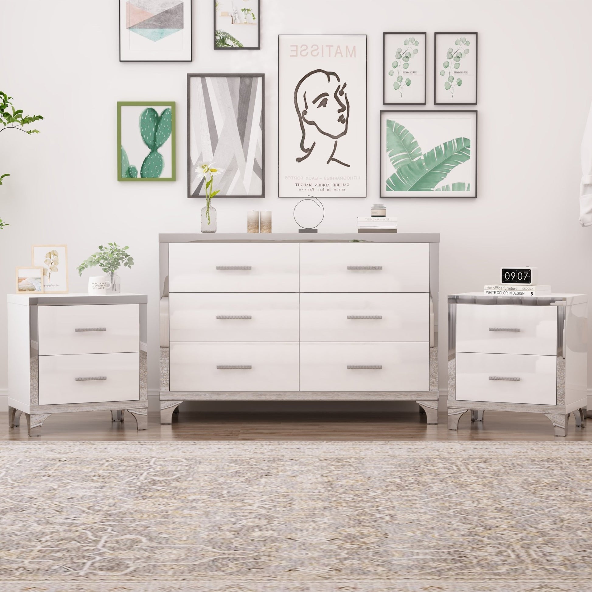 3 - Piece Set, Dresser and Two Nightstands with Metal Handles and Mirror Decoration - Direct Wicker
