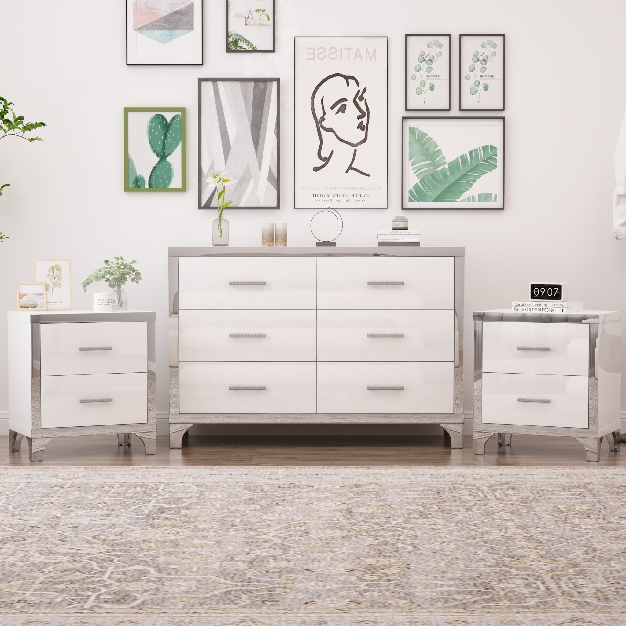 3 - Piece Set, Dresser and Two Nightstands with Metal Handles and Mirror Decoration - Direct Wicker