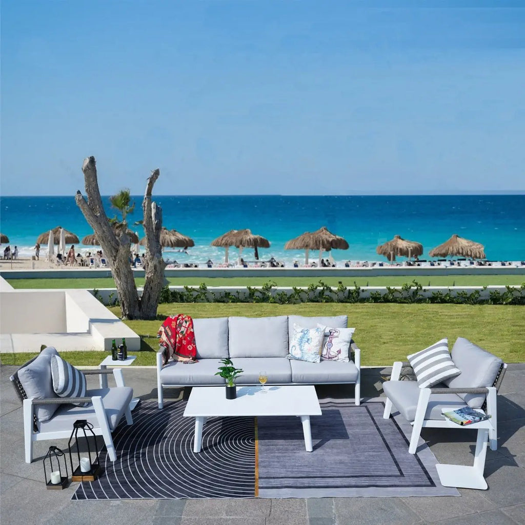 White Aluminum Outdoor Sofa Set with Rope Woven Accents – 5-Piece Modern Patio Conversation Set - Direct Wicker