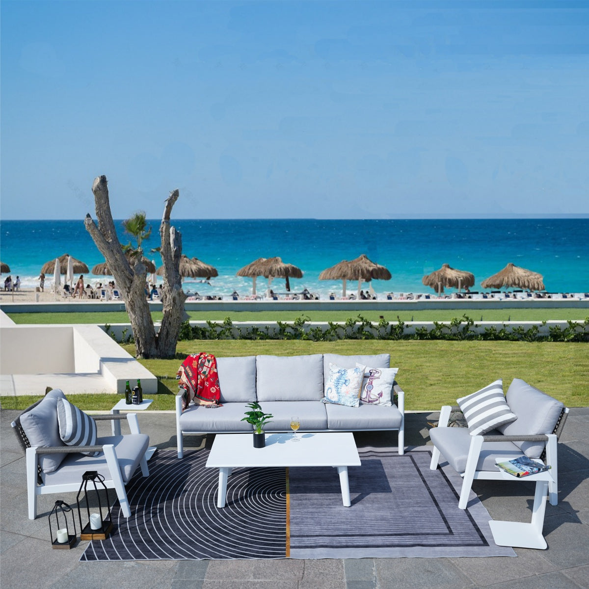 White Aluminum Outdoor Sofa Set with Rope Woven Accents – 5-Piece Modern Patio Conversation Set