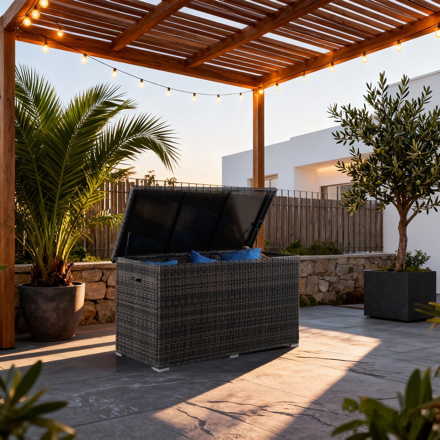 260 Gallon Capacity Outdoor Wicker Storage Box PE Wicker with Aluminum Frame (PA-3256B)