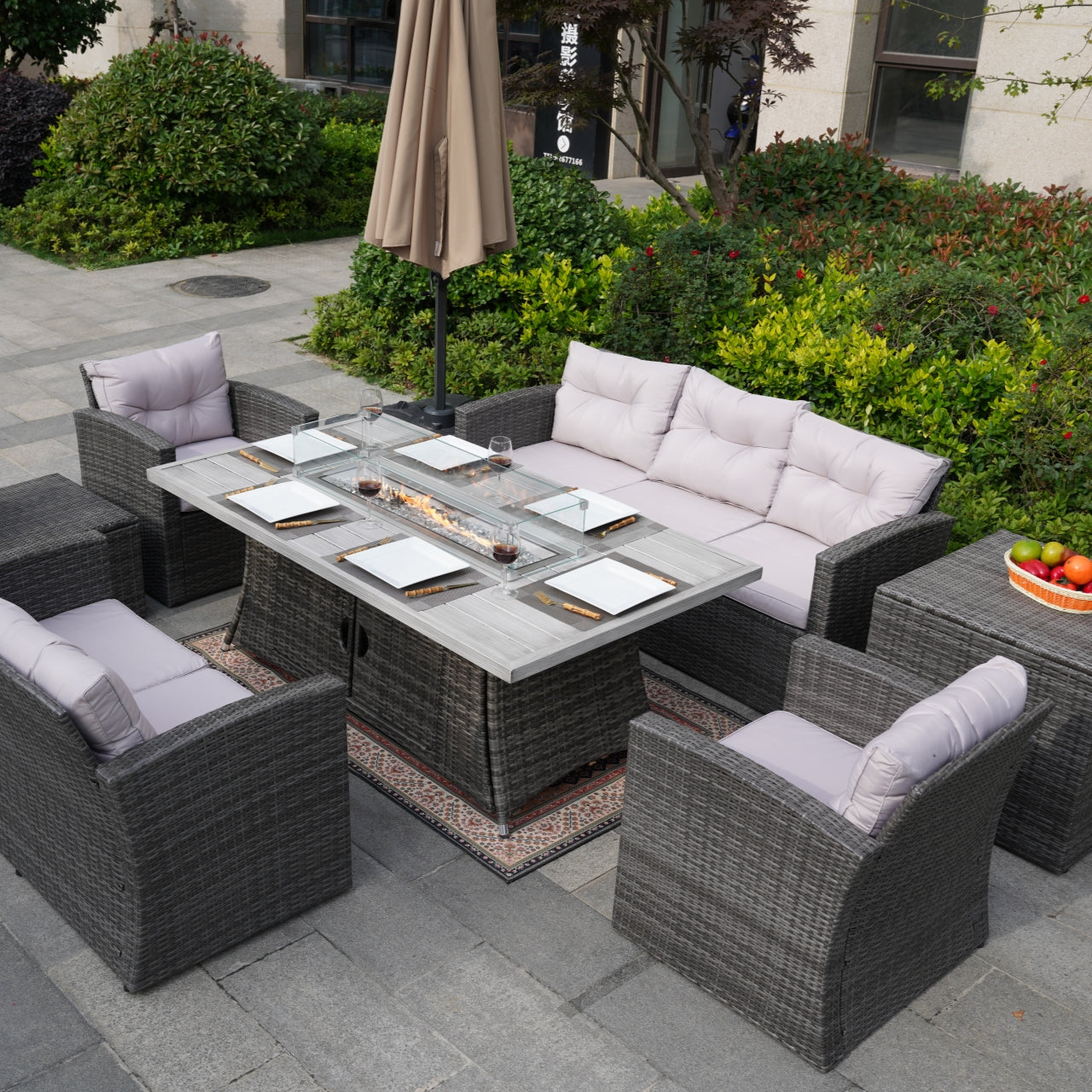 Outdoor Fire Pit Sofa Set with Rectangular Firepit Table (PAS-1503+1106RA)