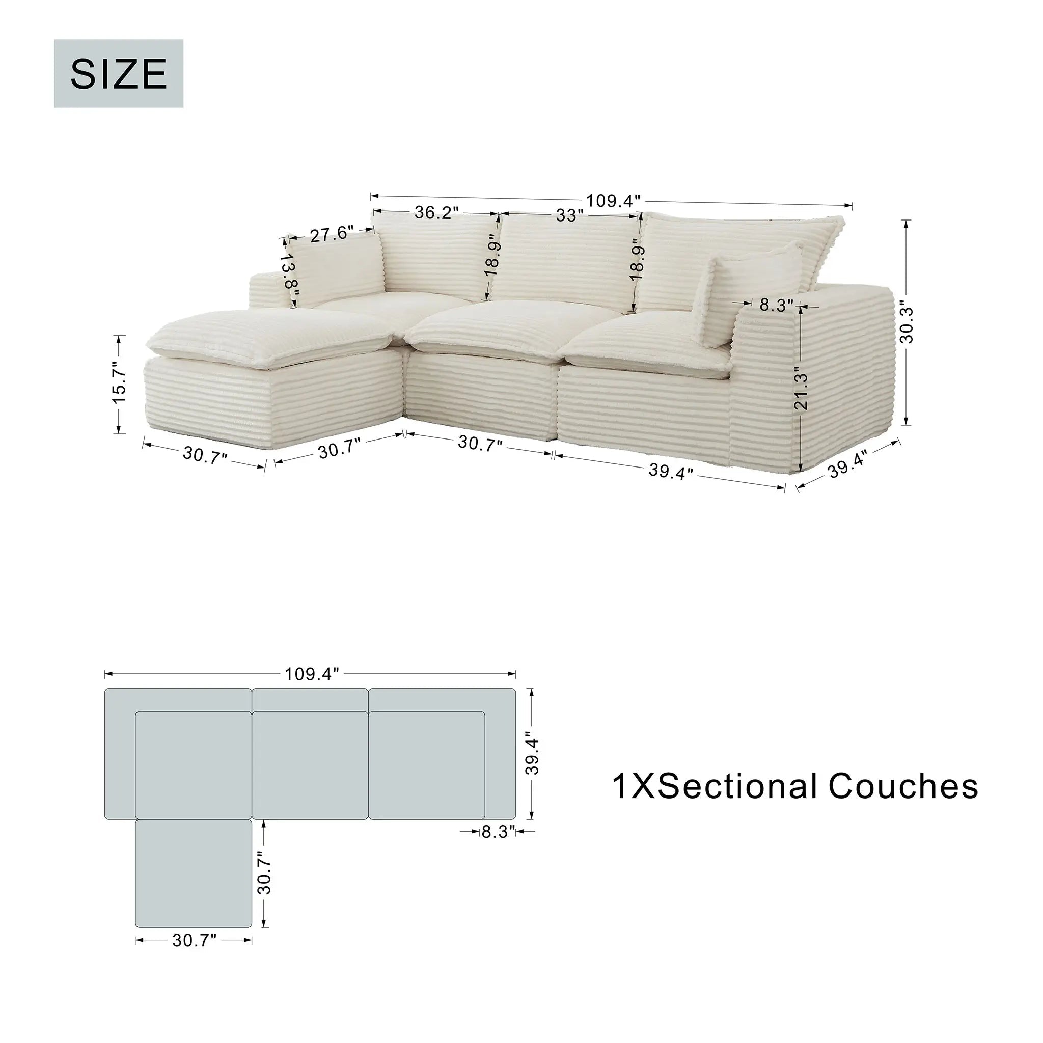 4 Pieces 3 - Seat Modular Sectional Sofa (PAS - 2637 - LS+MS+RS+FT) - Direct Wicker