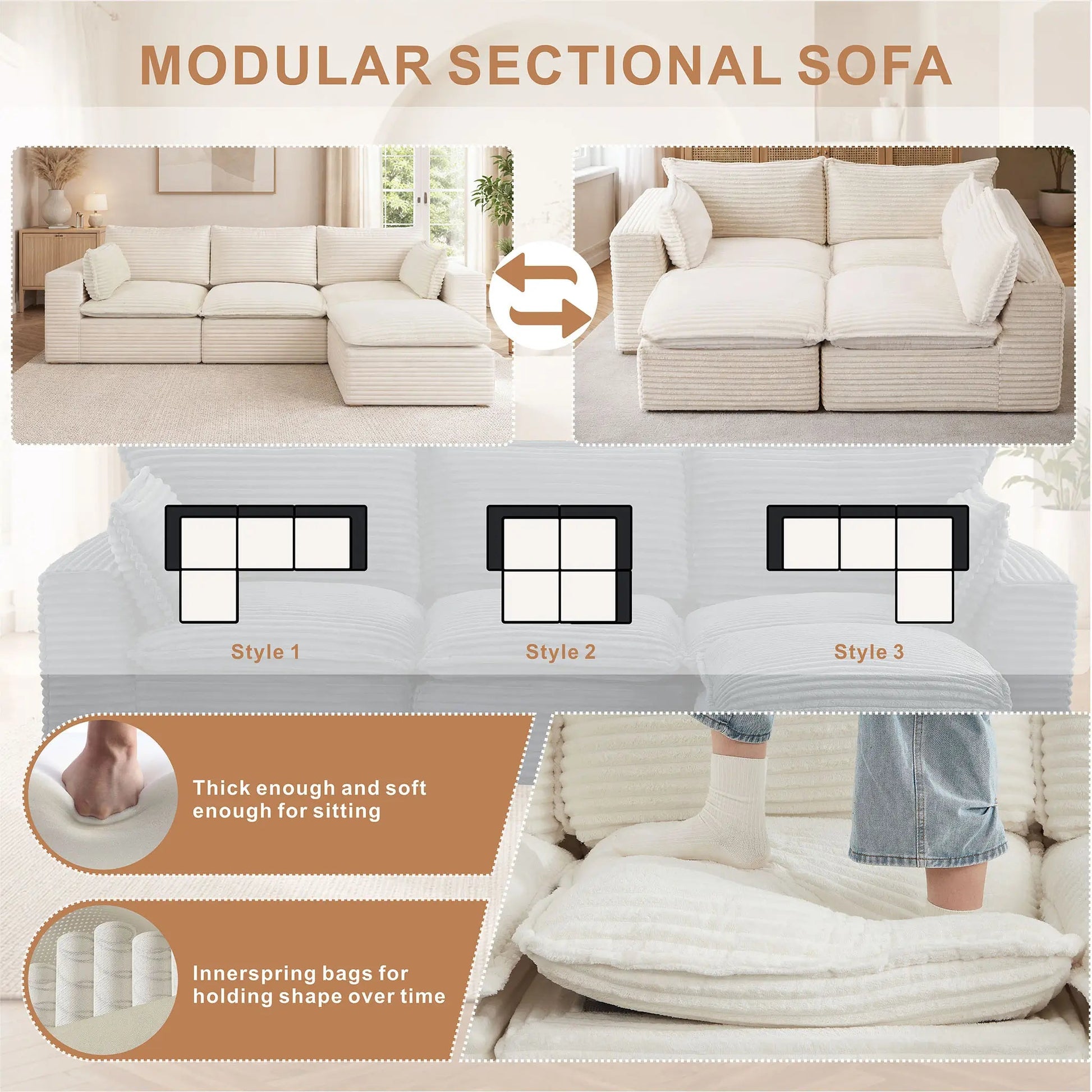 4 Pieces 3 - Seat Modular Sectional Sofa (PAS - 2637 - LS+MS+RS+FT) - Direct Wicker