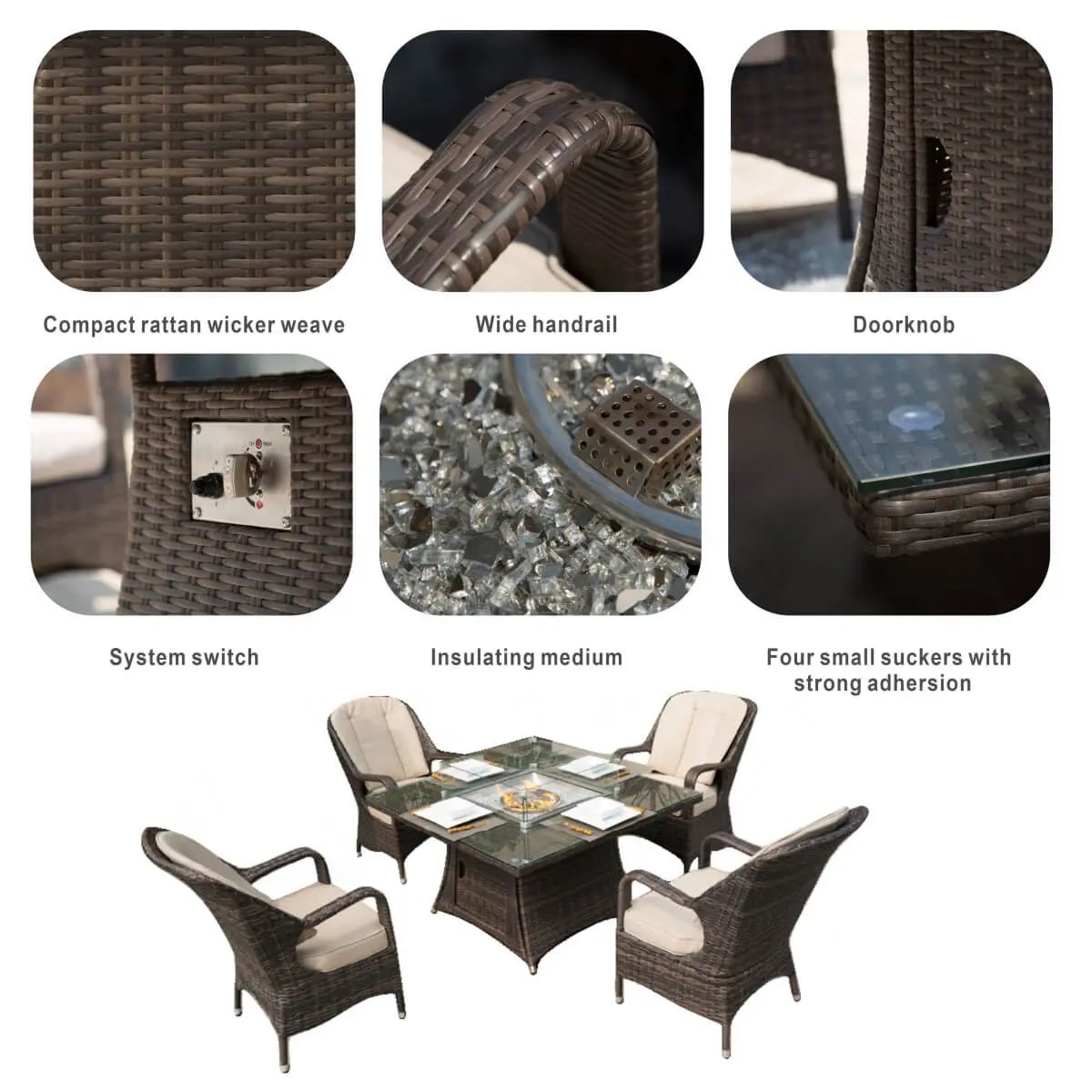 4-Seat Outdoor Fire Pit Set - Parma Chairs with Cube Fire Pit Table (PAG-1104+009) - Direct Wicker