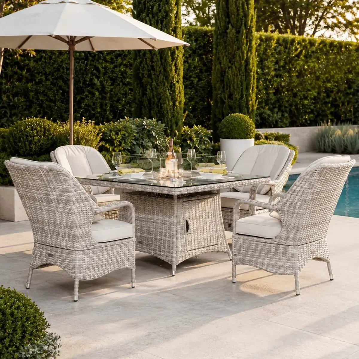 4-Seat Outdoor Fire Pit Set - Parma Chairs with Cube Fire Pit Table (PAG-1104+009) - Direct Wicker