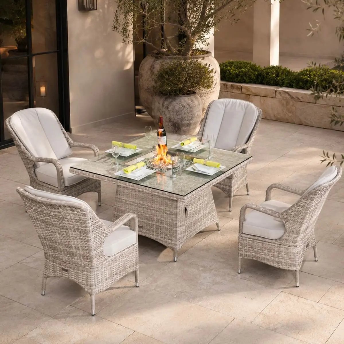 4-Seat Outdoor Fire Pit Set - Parma Chairs with Cube Fire Pit Table (PAG-1104+009) - Direct Wicker