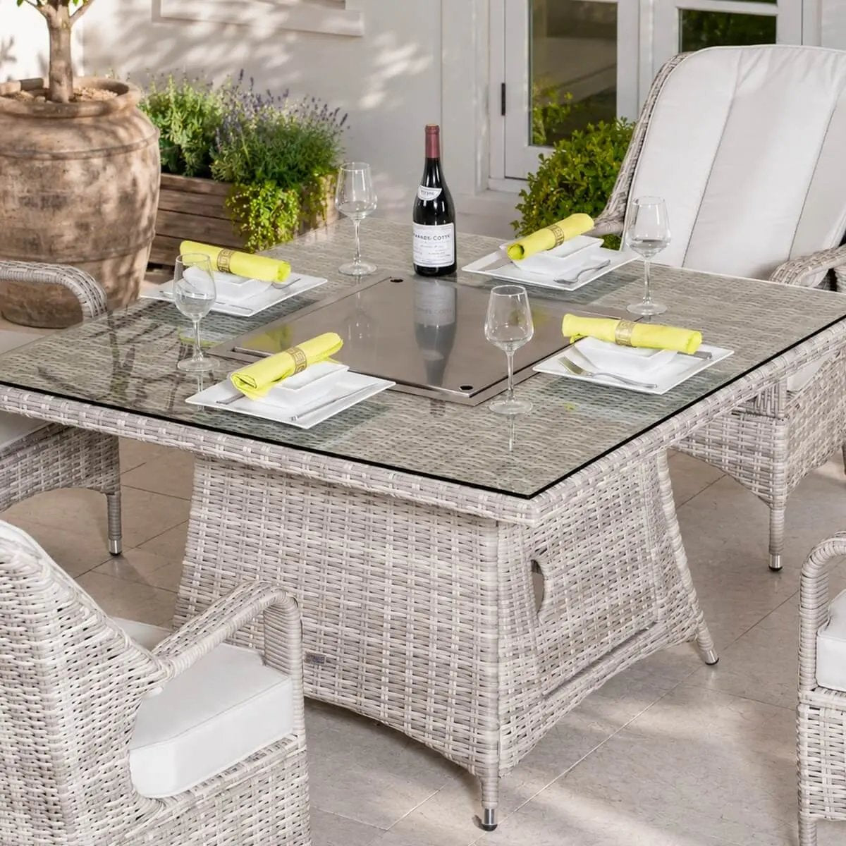 4-Seat Outdoor Fire Pit Set - Parma Chairs with Cube Fire Pit Table (PAG-1104+009) - Direct Wicker