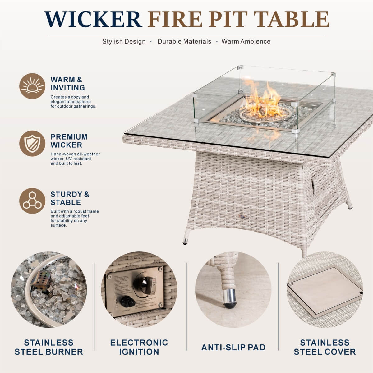 4-Seat Square Fire Pit Table (PAG-1104-T) - Direct Wicker