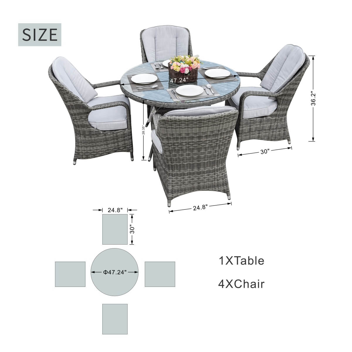 4 - Seater Outdoor Dining Set - Parma Chairs with Round Dining Table (PAD - 1709) - Direct Wicker