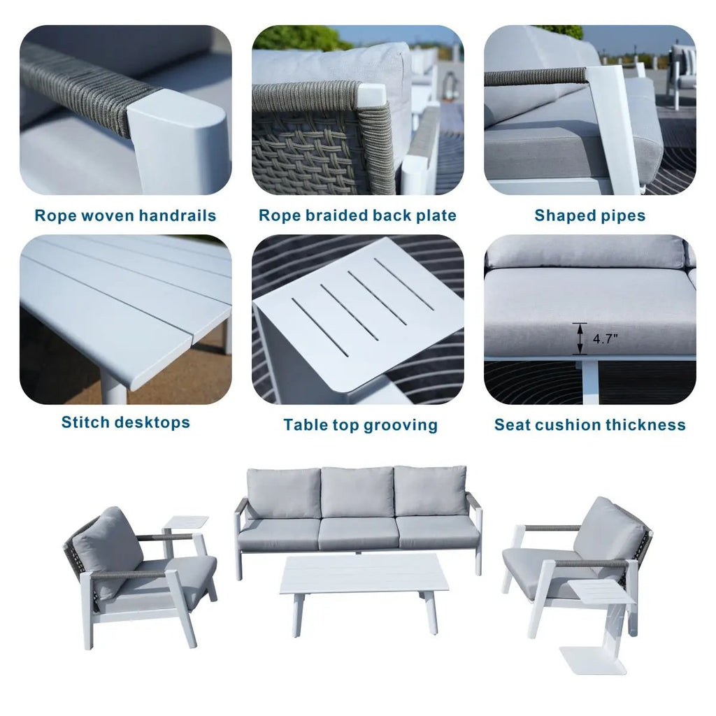 White Aluminum Outdoor Sofa Set with Rope Woven Accents – 5-Piece Modern Patio Conversation Set - Direct Wicker