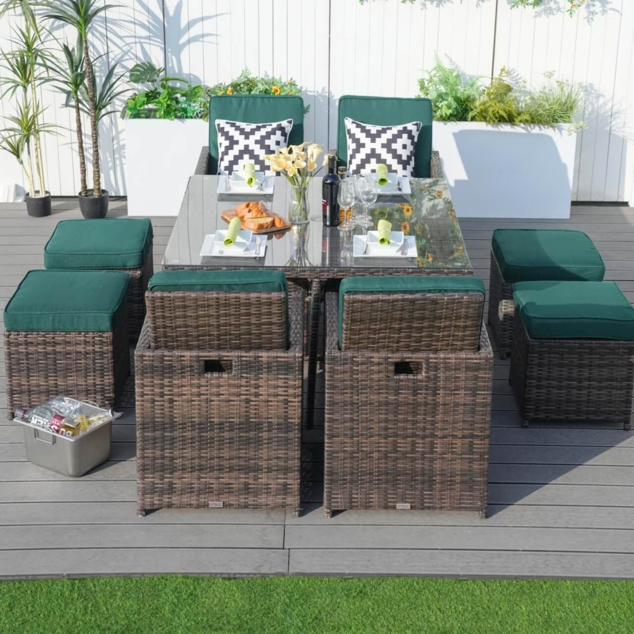 4 Seats Square Outdoor Patio Dining Set PAD-3233B  with Green Cushion Covers