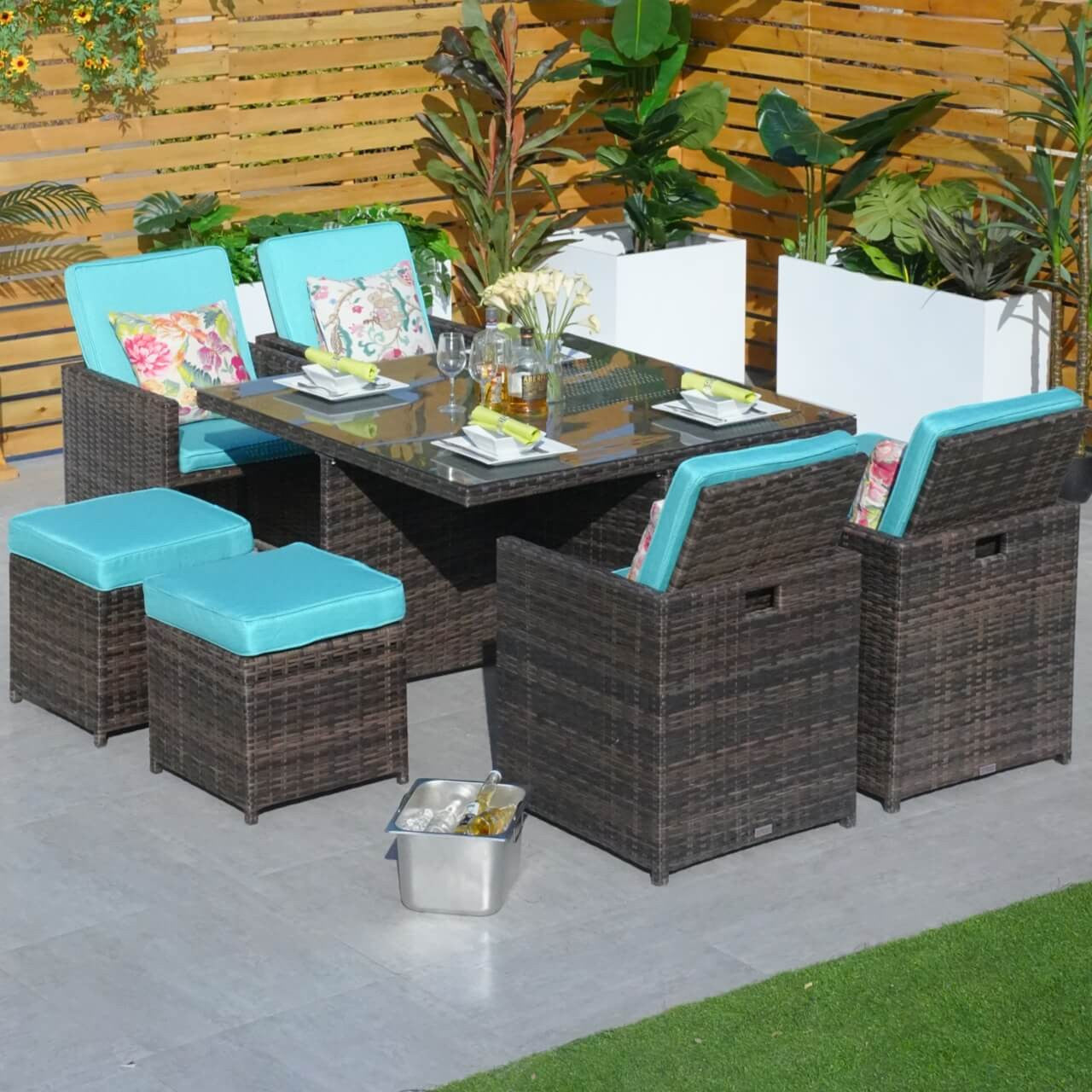 4 Seats Square Outdoor Patio Dining Set PAD-3233B  with Cyan Cushion Covers