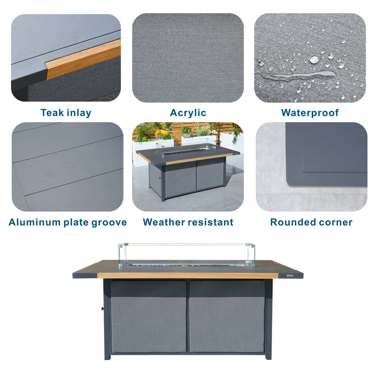 High grade powder paint teak inlaid stove table for indoor and outdoor use