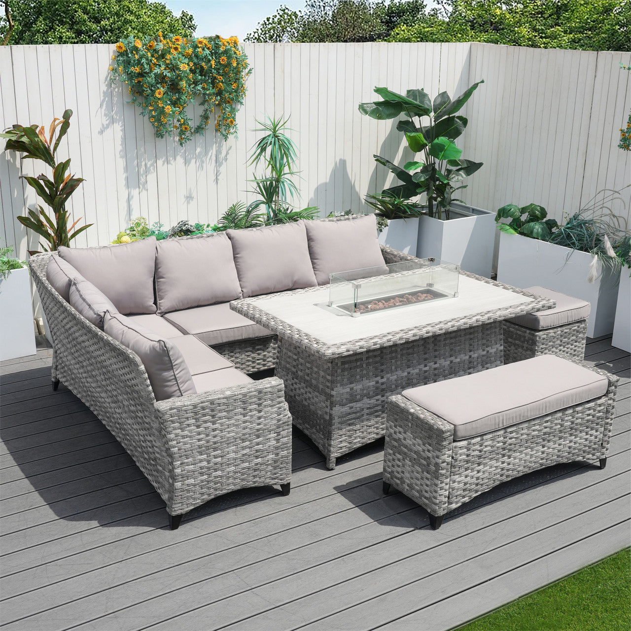 5-Piece Gray Wicker Outdoor Firepit Seating Sofa Set