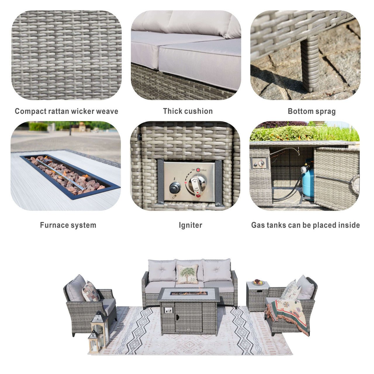 5 - Piece Outdoor Patio Fire Pit Set Fire Pit Table with Seating Sofas in Gray (PAF - 1802) - Direct Wicker