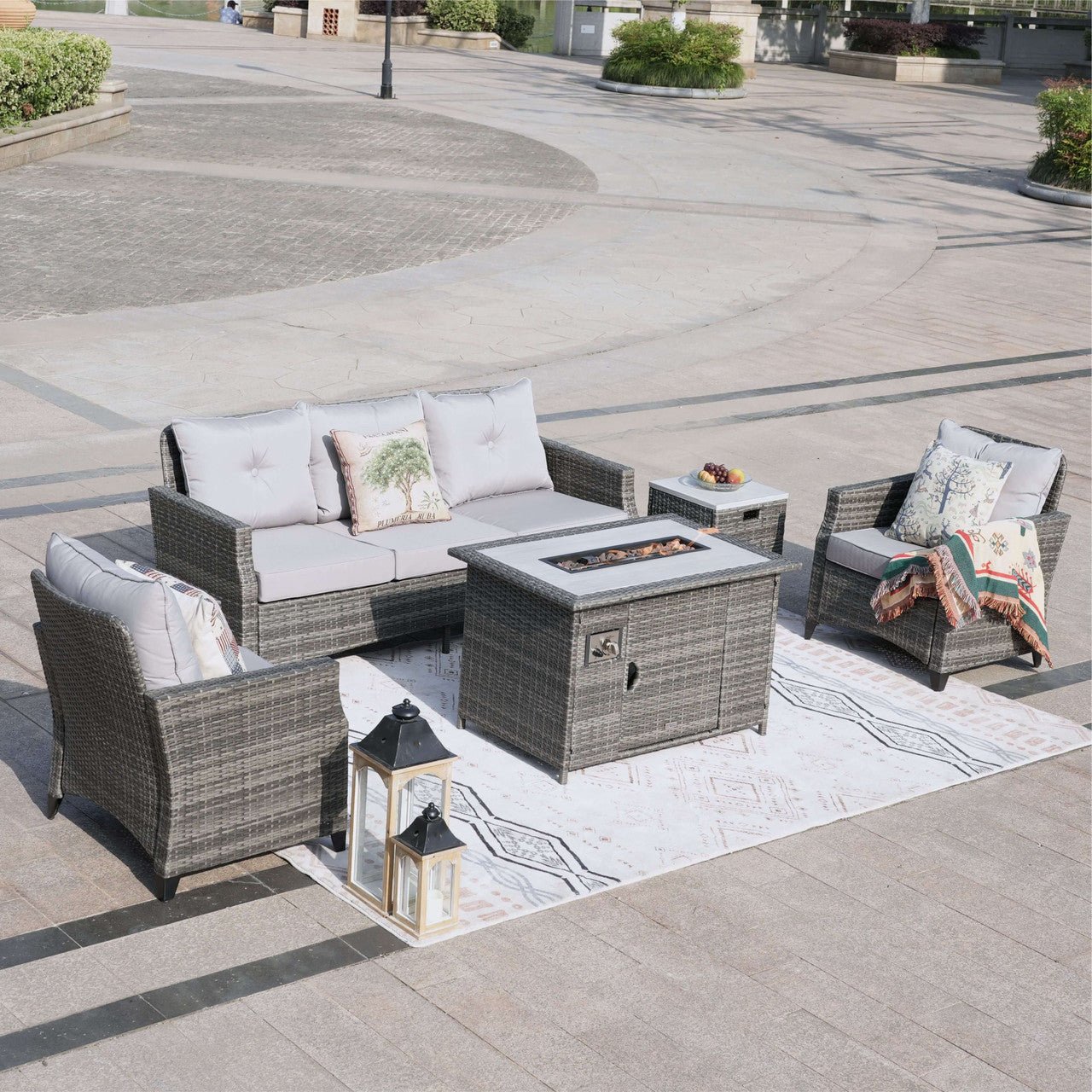 5 - Piece Outdoor Patio Fire Pit Set Fire Pit Table with Seating Sofas in Gray (PAF - 1802) - Direct Wicker