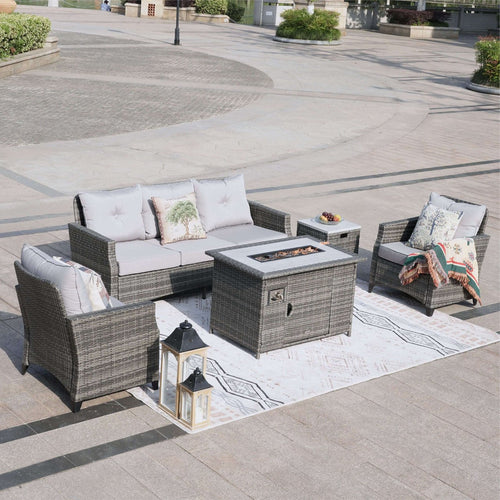 5 - Piece Outdoor Patio Fire Pit Set Fire Pit Table with Seating Sofas in Gray (PAF - 1802) - Direct Wicker
