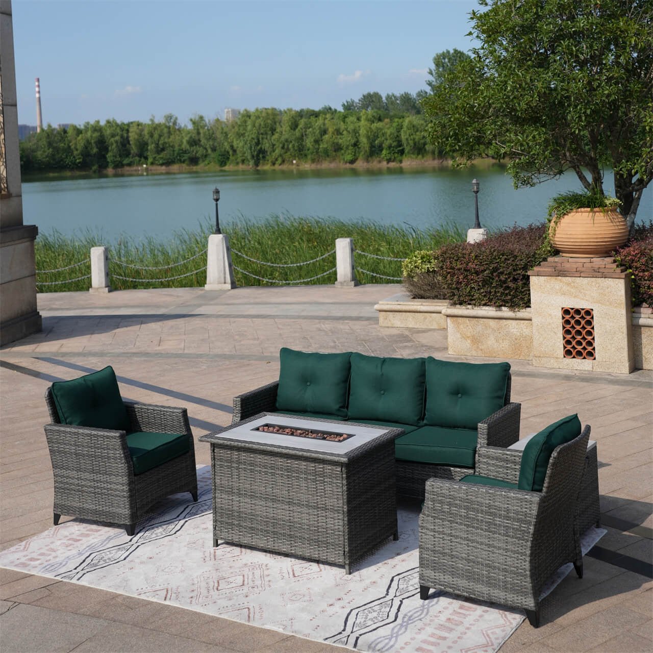 5 - Piece Outdoor Patio Fire Pit Set Fire Pit Table with Seating Sofas in Gray (PAF - 1802) - Direct Wicker