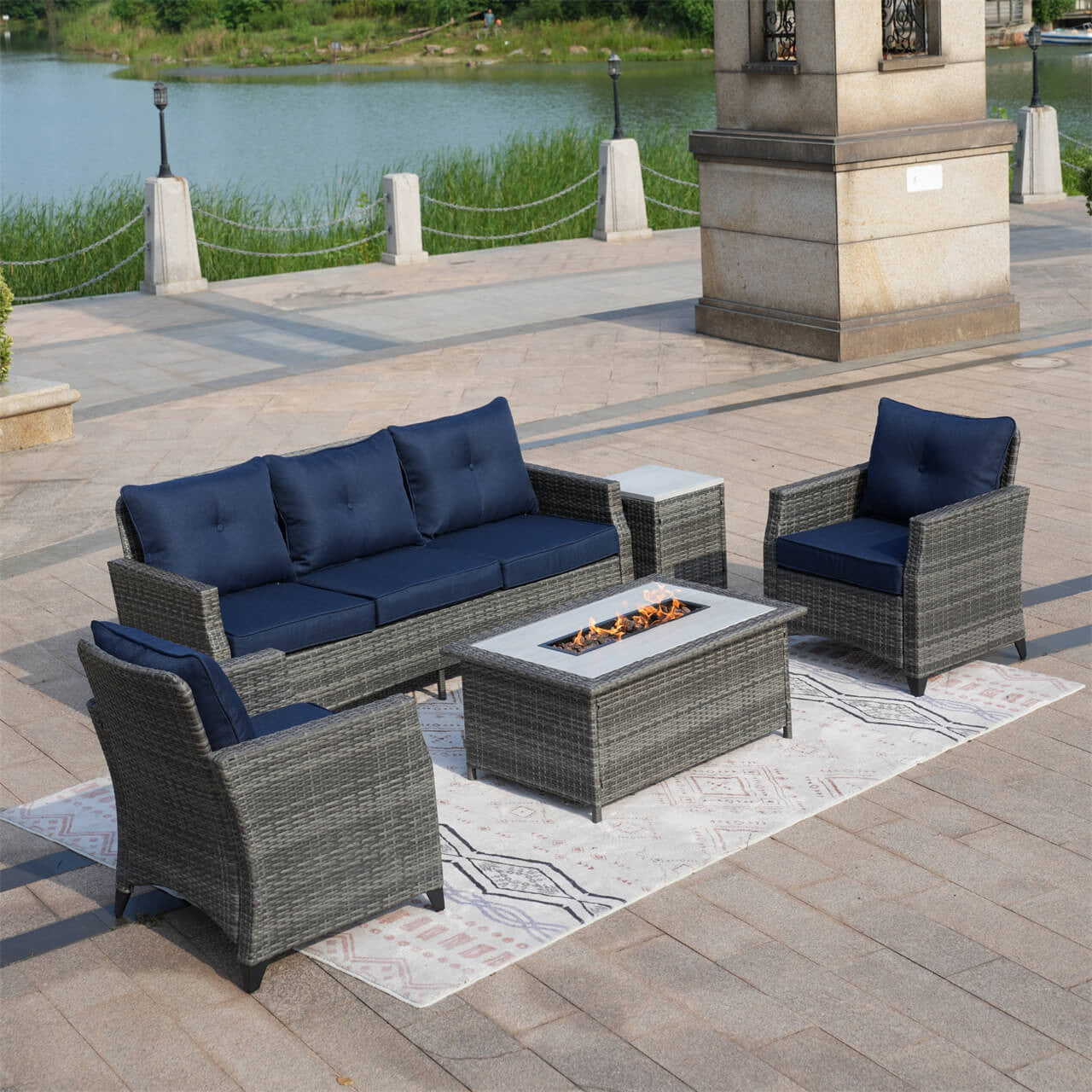 5 - Piece Outdoor Patio Fire Pit Set Fire Pit Table with Seating Sofas in Gray (PAF - 1802) - Direct Wicker