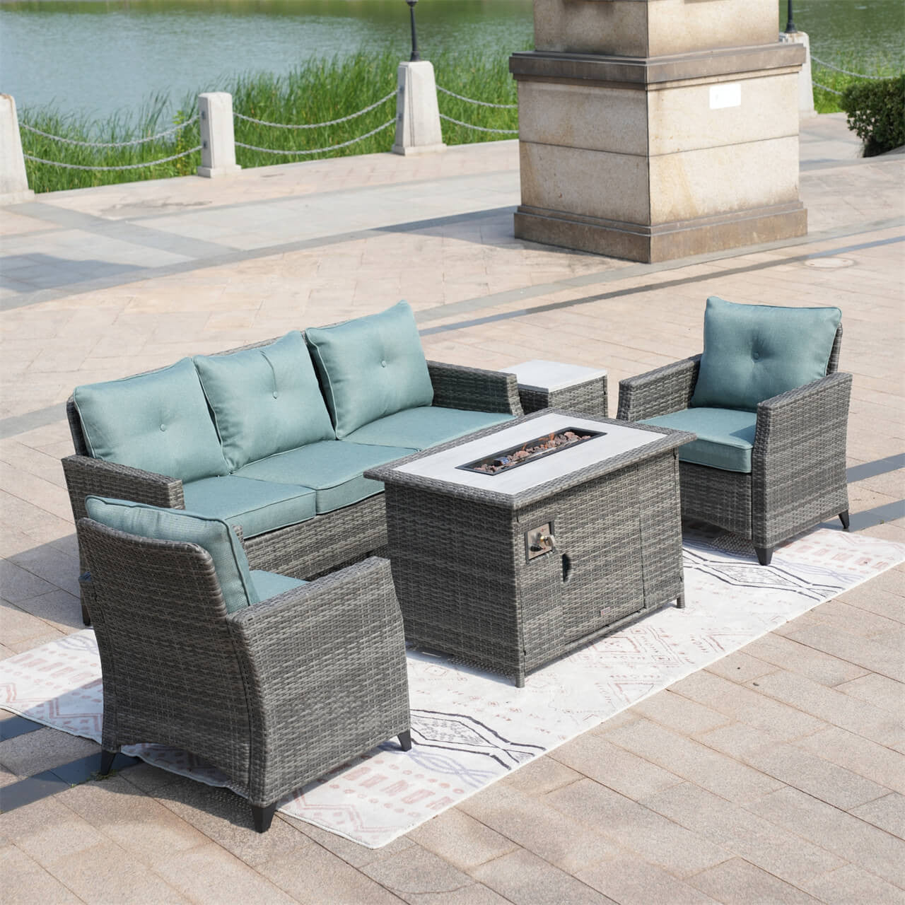 5 - Piece Outdoor Patio Fire Pit Set Fire Pit Table with Seating Sofas in Gray (PAF - 1802) - Direct Wicker
