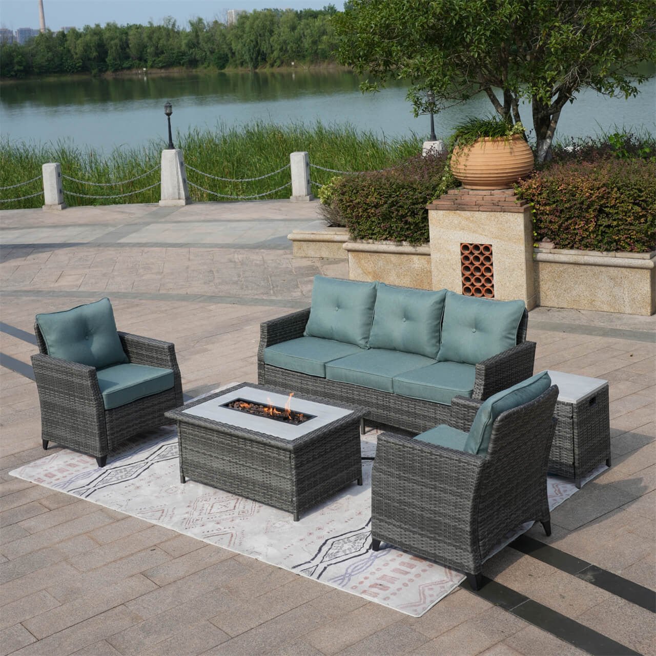 5 - Piece Outdoor Patio Fire Pit Set Fire Pit Table with Seating Sofas in Gray (PAF - 1802) - Direct Wicker