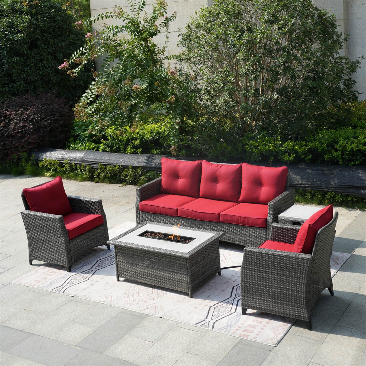 5 - Piece Outdoor Patio Fire Pit Set Fire Pit Table with Seating Sofas in Gray (PAF - 1802) - Direct Wicker