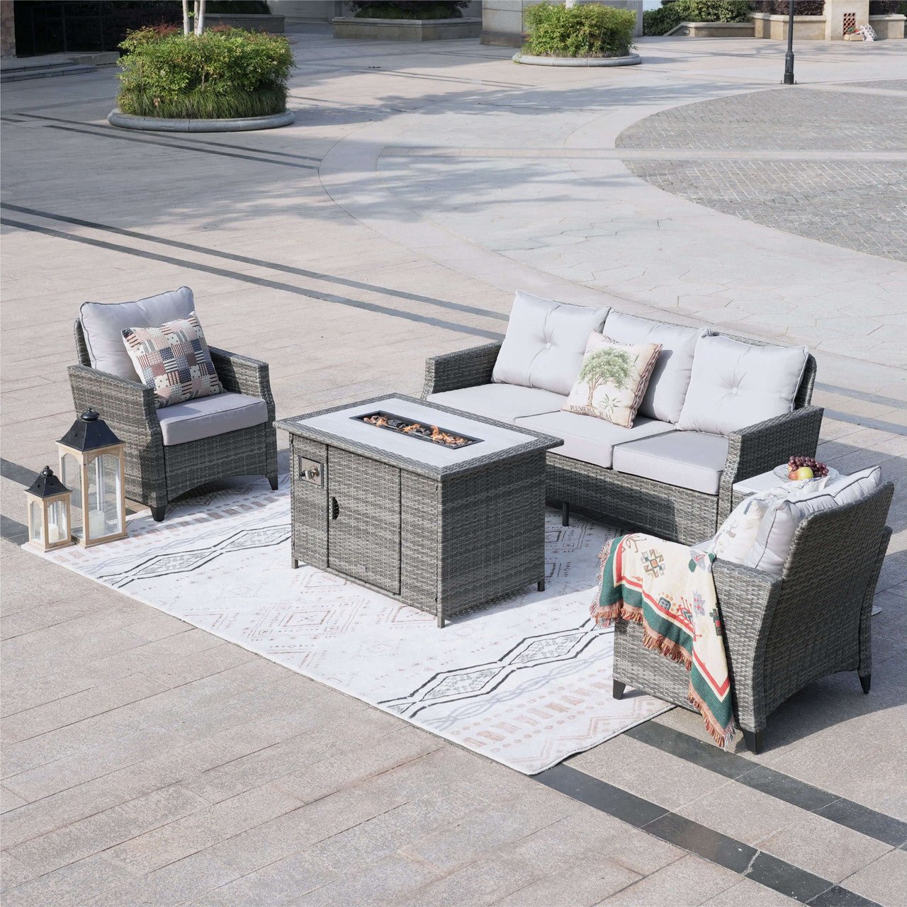 5 - Piece Outdoor Patio Fire Pit Set Fire Pit Table with Seating Sofas in Gray (PAF - 1802) - Direct Wicker