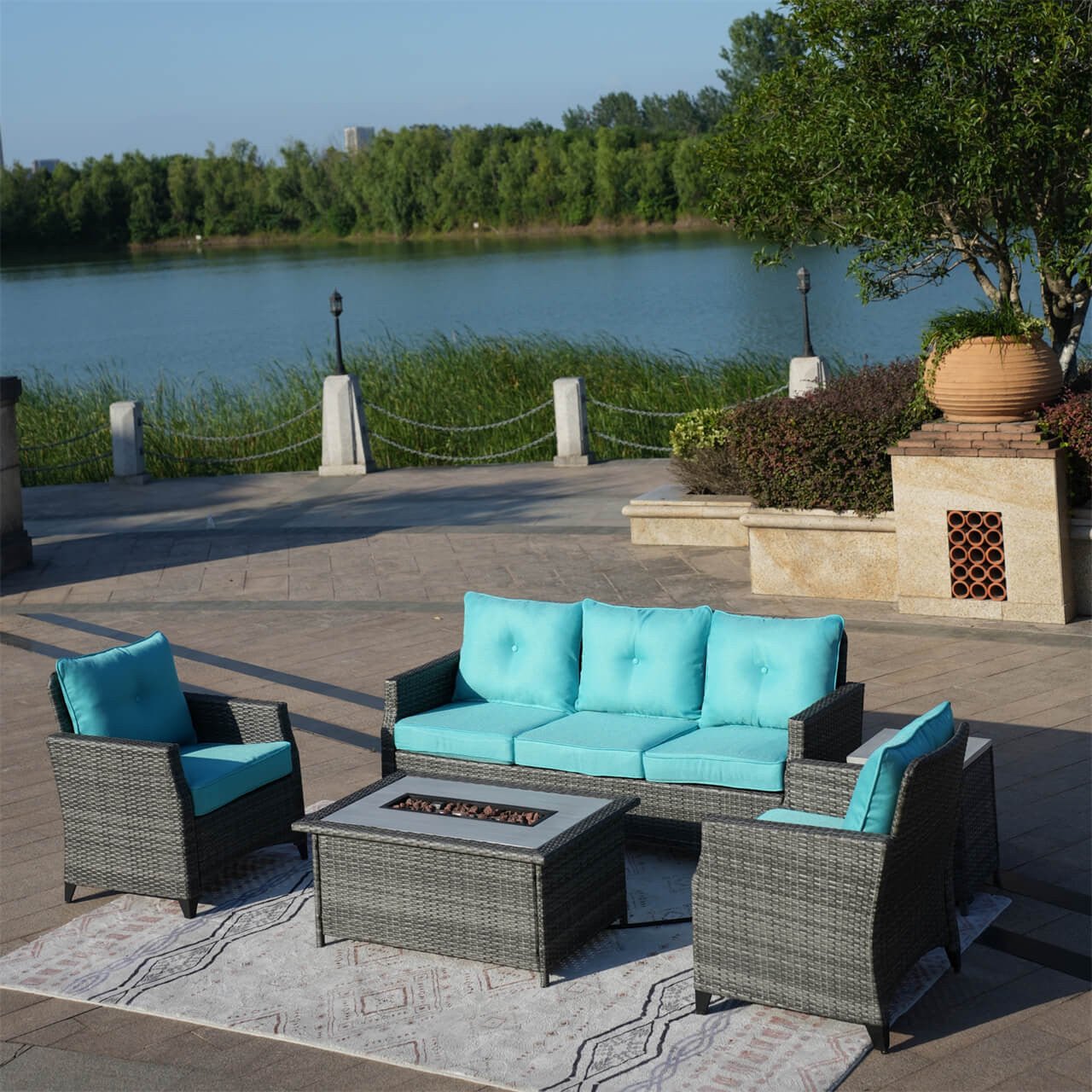 5 - Piece Outdoor Patio Fire Pit Set Fire Pit Table with Seating Sofas in Gray (PAF - 1802) - Direct Wicker