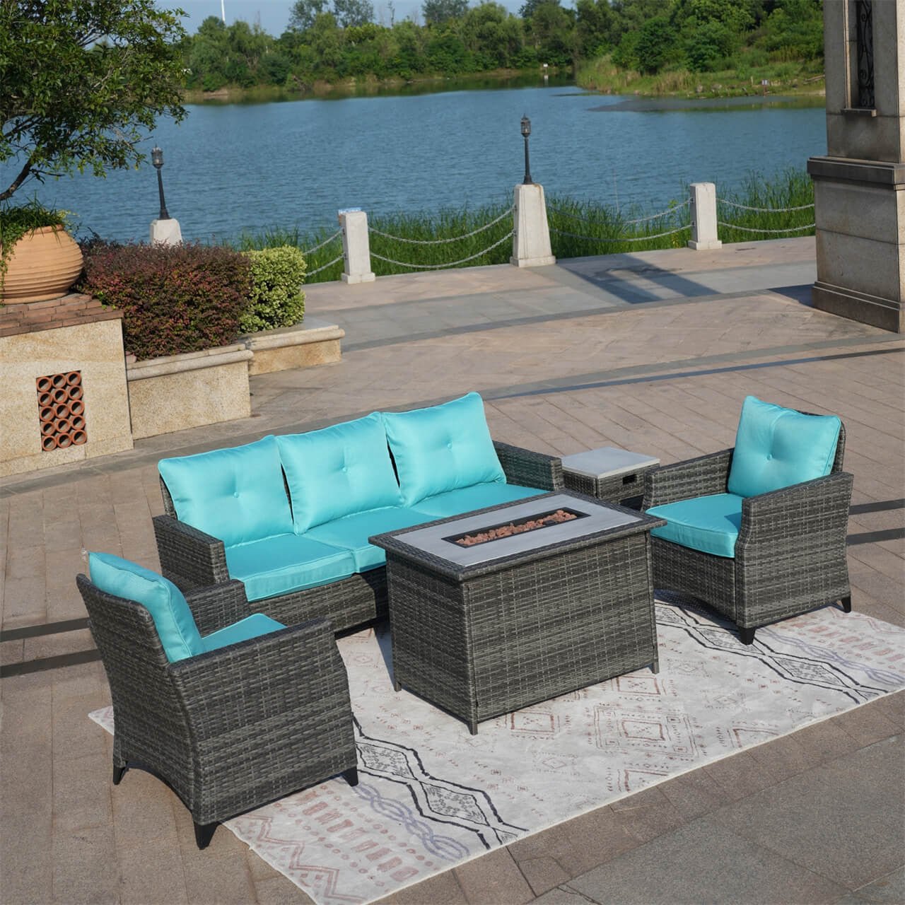 5 - Piece Outdoor Patio Fire Pit Set Fire Pit Table with Seating Sofas in Gray (PAF - 1802) - Direct Wicker