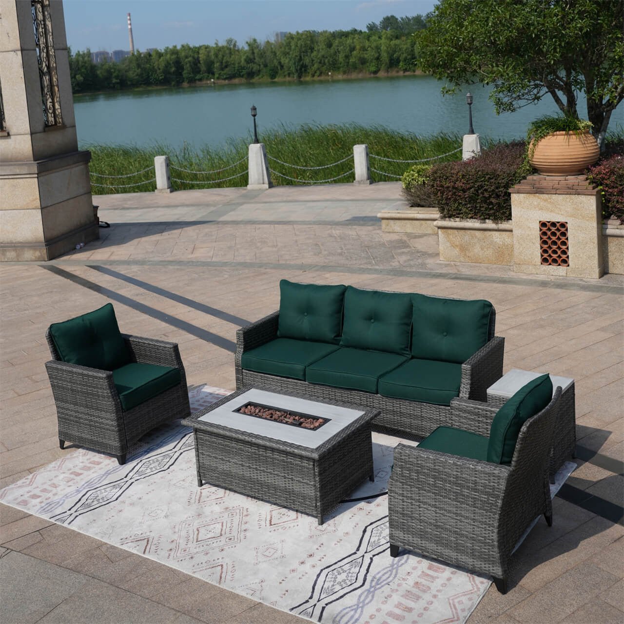5 - Piece Outdoor Patio Fire Pit Set Fire Pit Table with Seating Sofas in Gray (PAF - 1802) - Direct Wicker