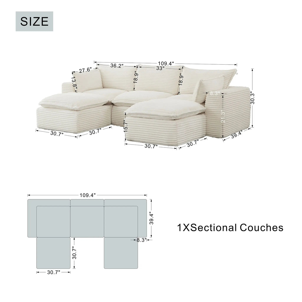 5 Pieces 3-Seat Modular Sectional Sofa (PAS-2637-LS+MS+RS+FT2) - Direct Wicker