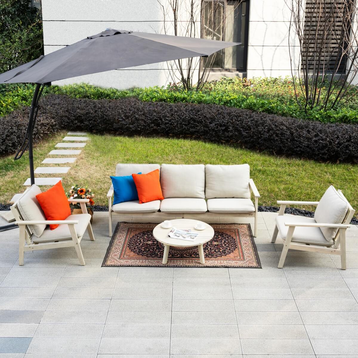 5 - Seater Wooden Outdoor Furniture Set – Garden Sofa with Round Coffee Table - Direct Wicker