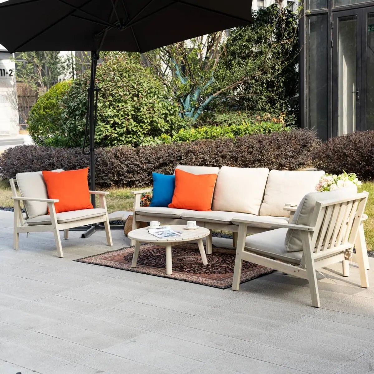 5 - Seater Wooden Outdoor Furniture Set – Garden Sofa with Round Coffee Table and Side Table - Direct Wicker